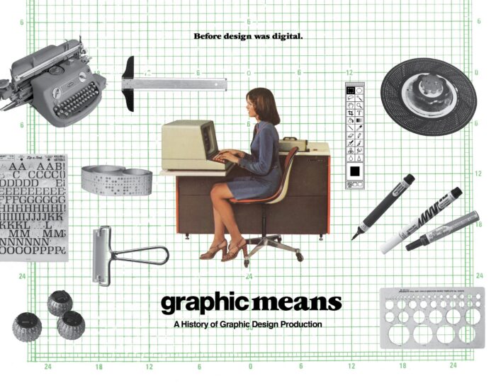 A collage of a woman sitting at a desk with an old-fashioned computer with graphic design tools floating around her.