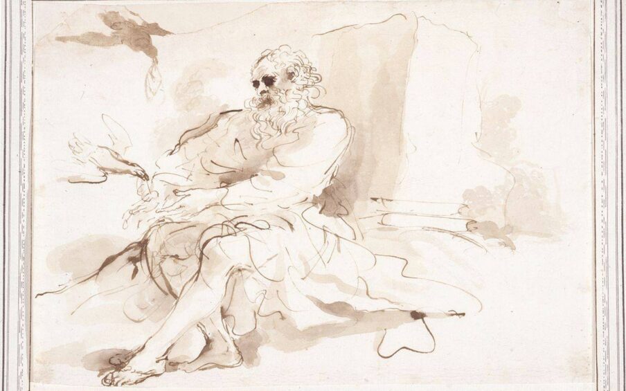 A horizontal rectangular drawing showing a seated male figure positioned slightly to the left of center. He sits turned to the left with arms outstretched to two ravens which are dropping food into his hands from above. The figure has a long curly beard and longer hair which appears sparse at the crown. His eyes are depicted as two blacked-out voids. He wears flowing robes that expose his knees and calves. His feet are crossed at the ankle and he wears simple sandals. Behind him and to the right is a large squared-off structure suggesting a building or ruin. The figure and his surroundings are rendered in a loose, flowing style that has the appearance of being created quickly. Ink washes provide shadow and contour.