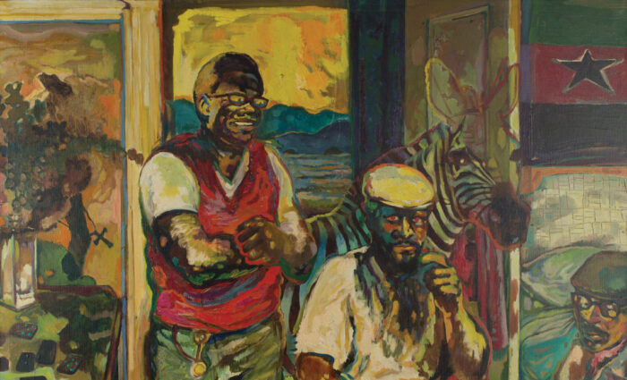 Painting of three black men. Behind them is a zebra and a landscape scene.