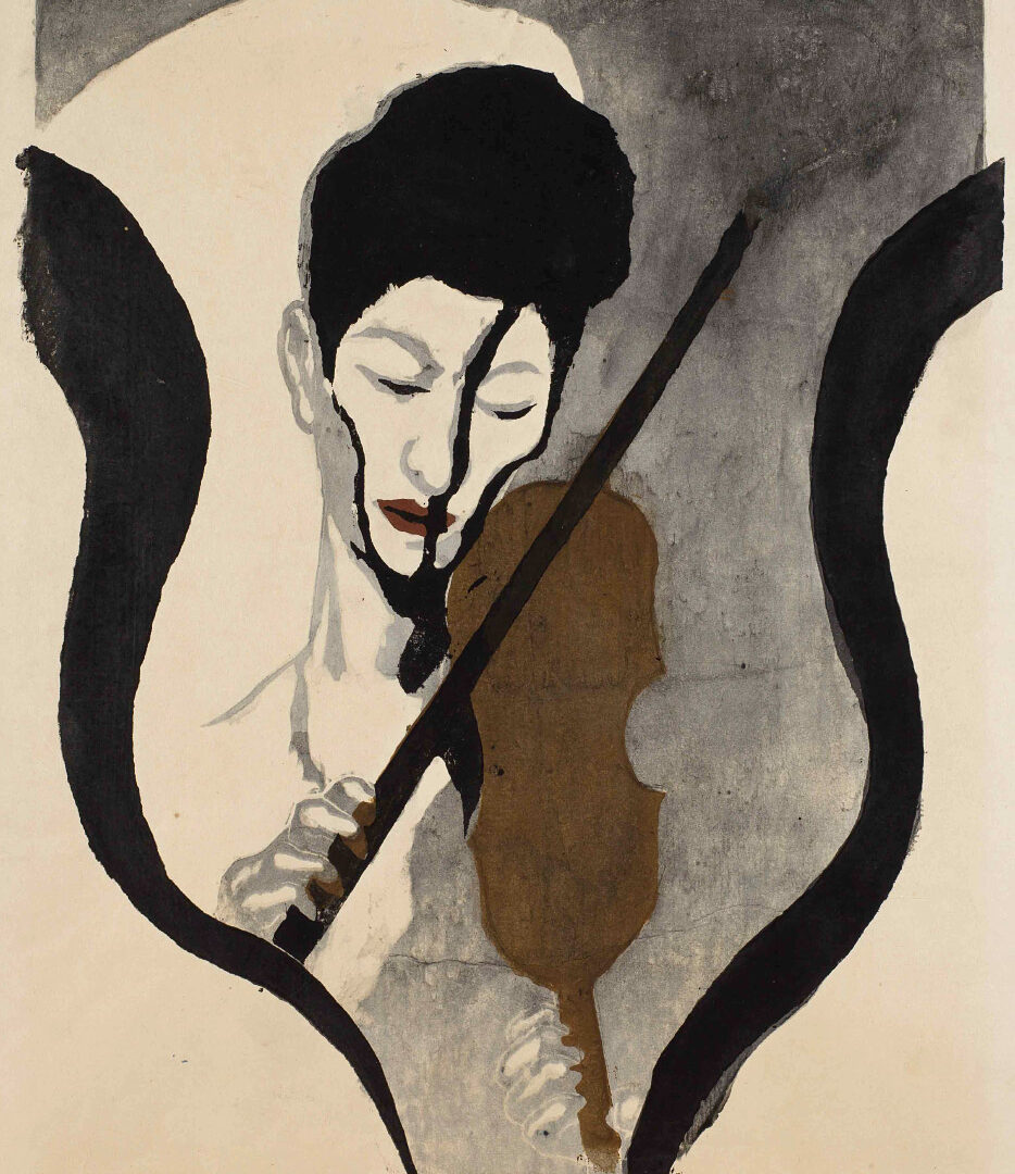 Illustration of a woman playing a violin, with cascades of black curves to either side of her
