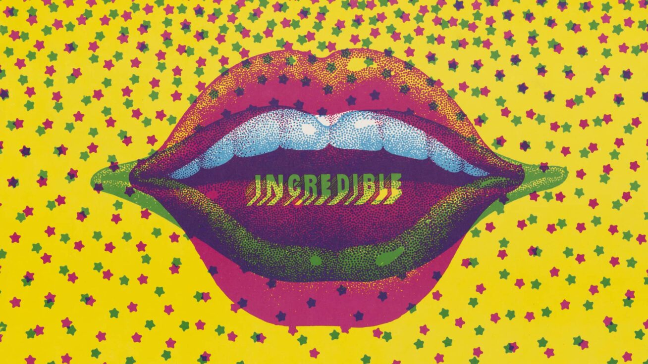 Psychedelic representation of an open mouth with the word "Incredible" between the lips.