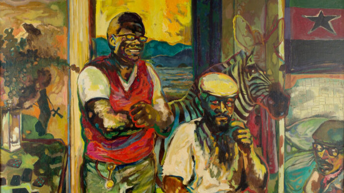 Oil painting of one person standing and two sitting in front of a zebra.