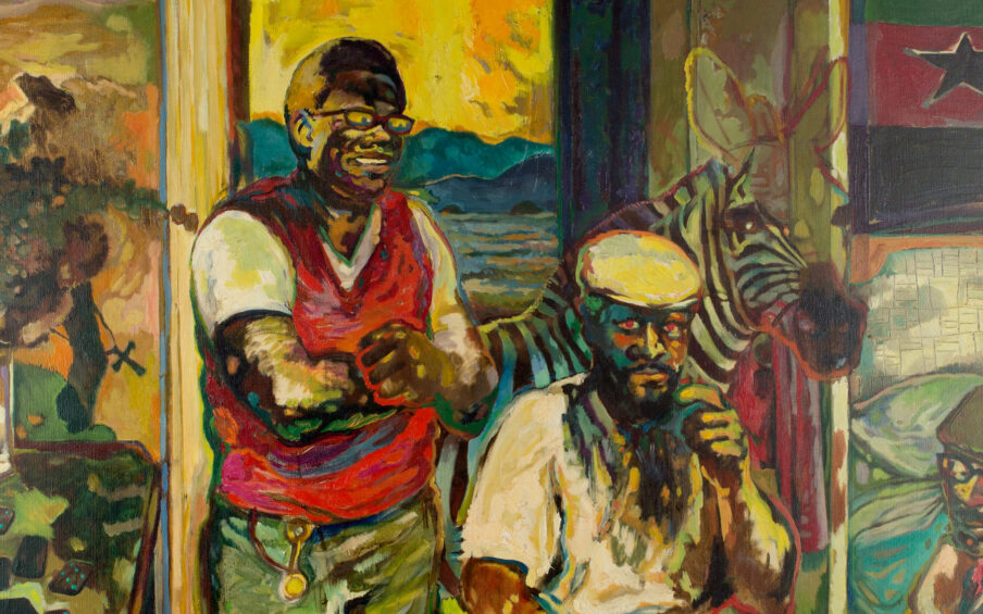 Oil painting of one person standing and two sitting in front of a zebra.