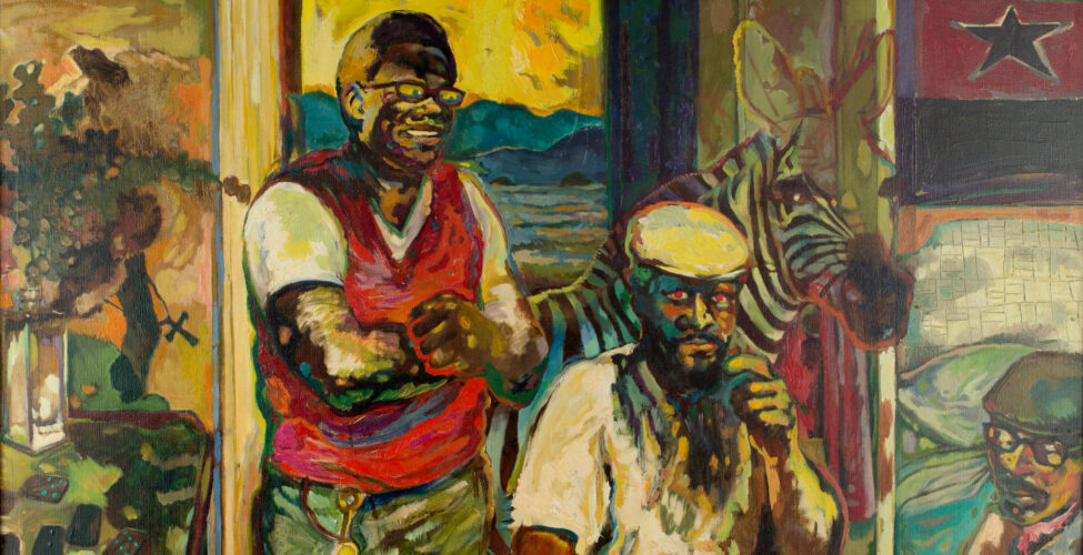 Oil painting of one person standing and two sitting in front of a zebra.