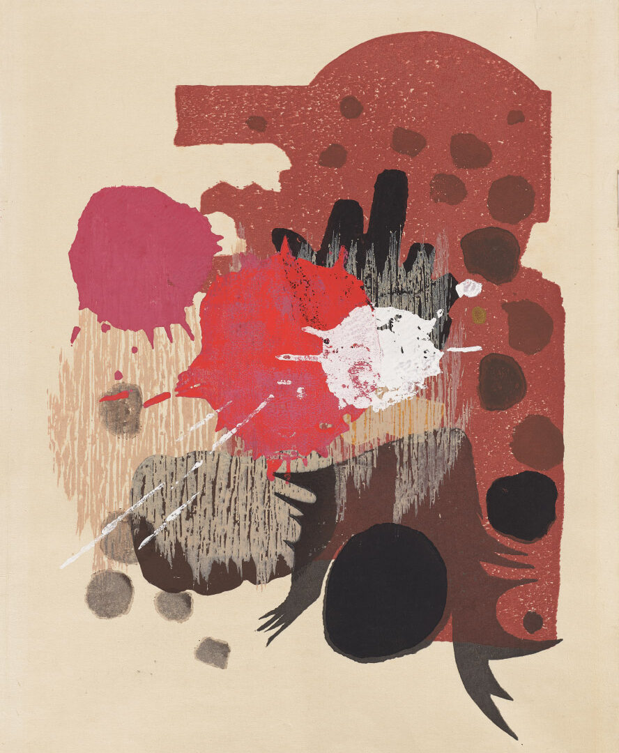 An abstract print with various shades of red and brown circles and amorphous shapes on an off-white background