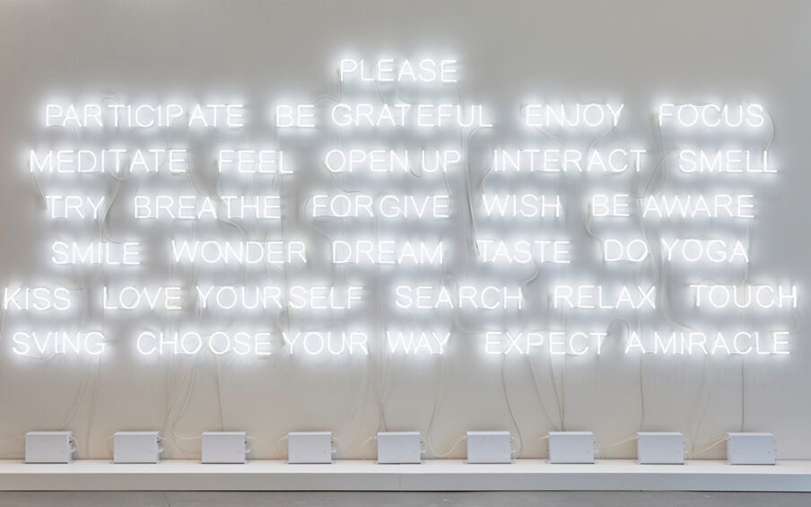 Image description: Please Participate. Jeppe Hein. 2015. Neon tubes and transformers. 88 inches x 210 inches. Words in white neon mounted on a white gallery wall in seven rows. The lettering is simple and approachable in all capitals. The words are: Row 1: Please. Row 2: Participate, Be, Grateful, Enjoy, Focus. Row 3: Meditate, Feel, Open, Up, Interact, Smell. Row 4: Try, Breathe, Forgive, Wish, Be, Aware. Row 5: Smile, Wonder, Dream, Taste, Do, Yoga. Row 6: Kiss, Love, Yourself, Search, Relax, Touch. Row 7: Sving, Choose, Your, Way, Expect, A, Miracle. Below nine, white, rectangular transformers sit on a shelf below the words with electrical cords connecting each one to several words. The upper left corner of the image shows an opening in the wall and light from the gallery above.