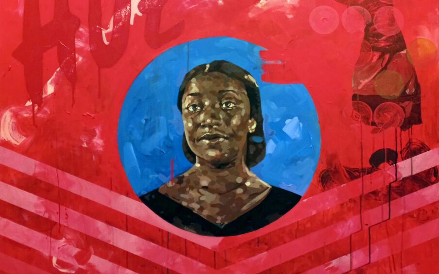 Painting with an image of a black woman with her head titled upwards and her hair pulled back in the center surrounded by a blue circle. Surrounding the woman's image are red paint, the word "HUE" in the top left corner and 6 circles of different colors in the lower right corner. Below her image are a series of chevrons pointed downward.