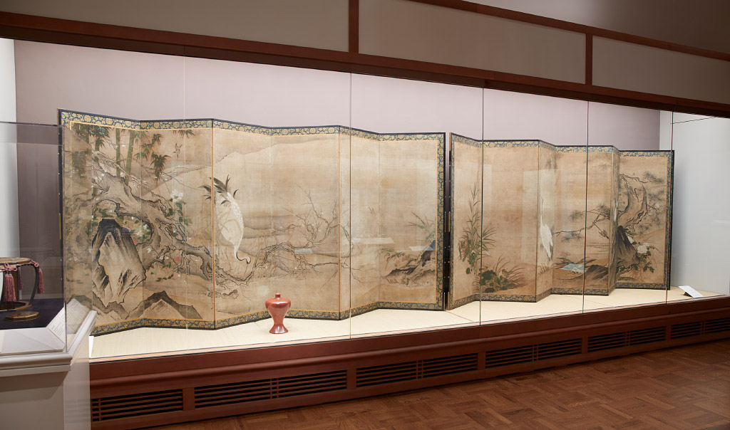Quest for Beauty installation photo. Japan, unknown artist, Pair of Bird-and-Flower Screens, 16th/early 17th century, ink and color on paper, Collection of Richard Louis Brown.