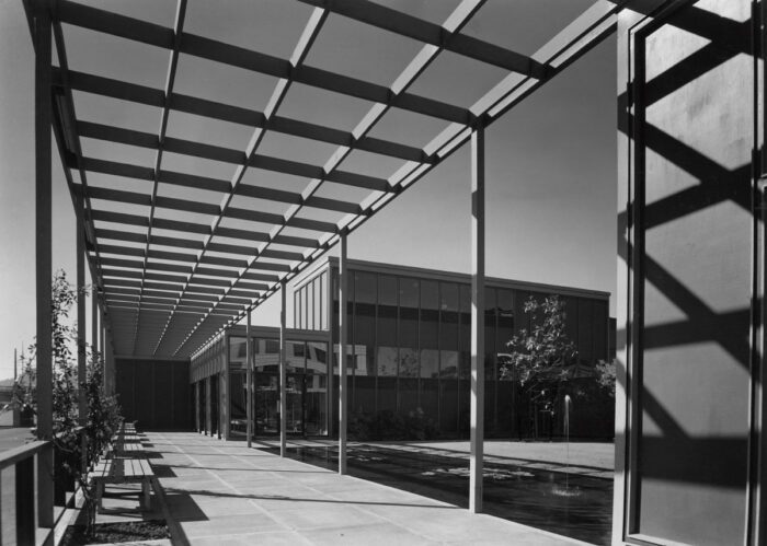 Black and white photograph of the Portland Visitors Information Center in 1948