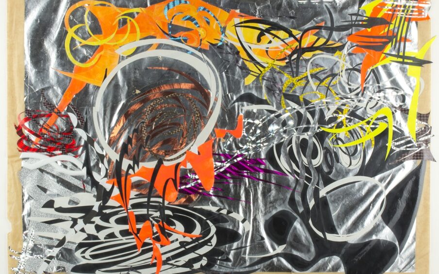 Image descriptions: Judy Pfaff, Untitled, 1981, contact paper and paper; 23-½ x 33 in. 1. A detail shot of spikey irregular paper shapes in metallic magenta, silver, electric yellow, copper, and neon orange layered atop each other. 2. Thinly cut paper swirls and zig-zags in clouds of energetic colors layered in a riotous abstract collage. A metallic silver and black background grounds the rectangular composition. From top right, spikey black, neon orange, and electric yellow spikey shapes pour into a swirl of black and white curls. From the left, a red spiral emits an orange spray with yellow and metallic electric blue accents. From the bottom, a whirlpool of white and black lines erupts into orange and black zig-zags. They coalesce in a metallic copper spiral lined with white circular shapes.