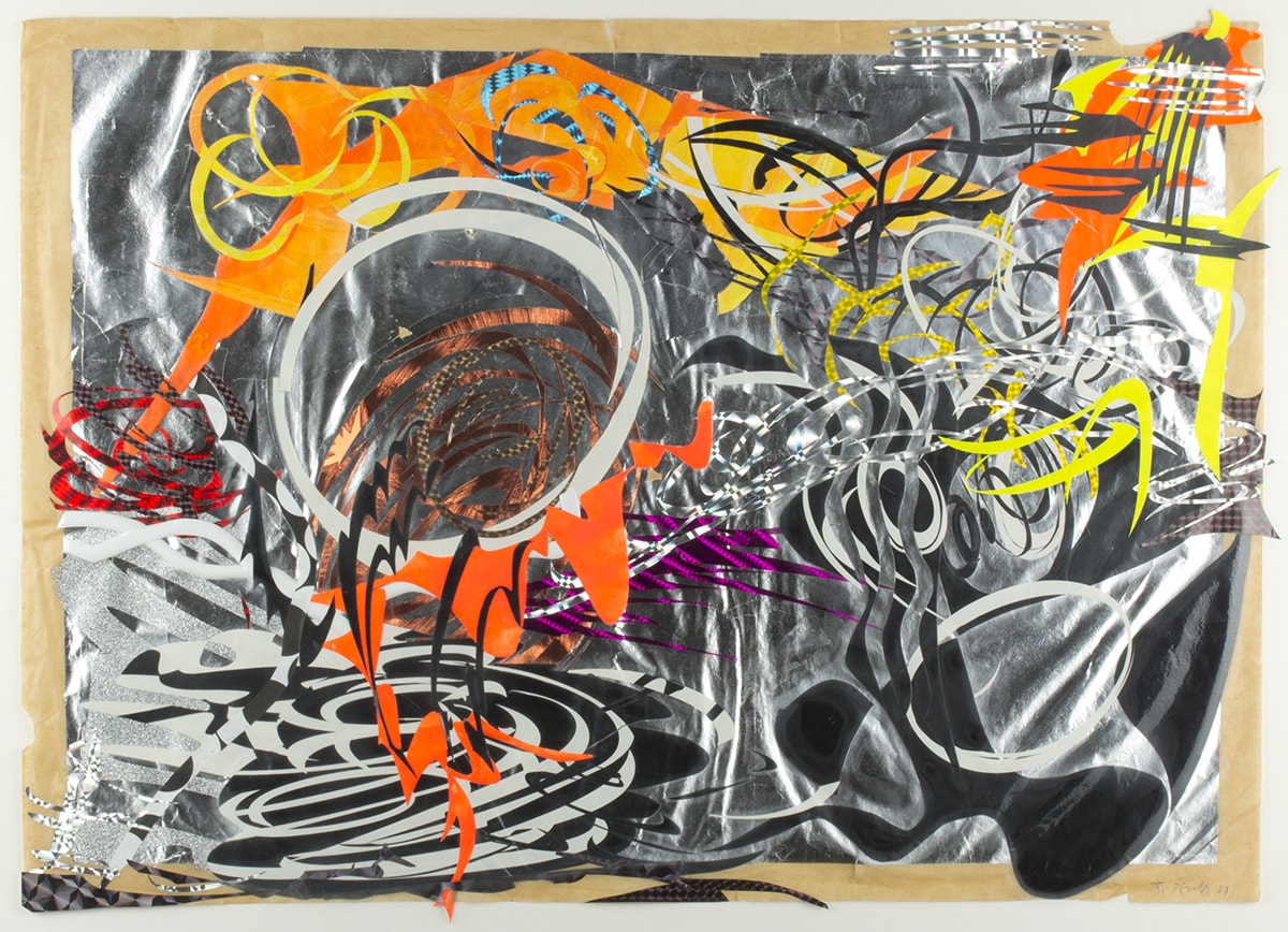 Image descriptions: Judy Pfaff, Untitled, 1981, contact paper and paper; 23-½ x 33 in. 1. A detail shot of spikey irregular paper shapes in metallic magenta, silver, electric yellow, copper, and neon orange layered atop each other. 2. Thinly cut paper swirls and zig-zags in clouds of energetic colors layered in a riotous abstract collage. A metallic silver and black background grounds the rectangular composition. From top right, spikey black, neon orange, and electric yellow spikey shapes pour into a swirl of black and white curls. From the left, a red spiral emits an orange spray with yellow and metallic electric blue accents. From the bottom, a whirlpool of white and black lines erupts into orange and black zig-zags. They coalesce in a metallic copper spiral lined with white circular shapes.