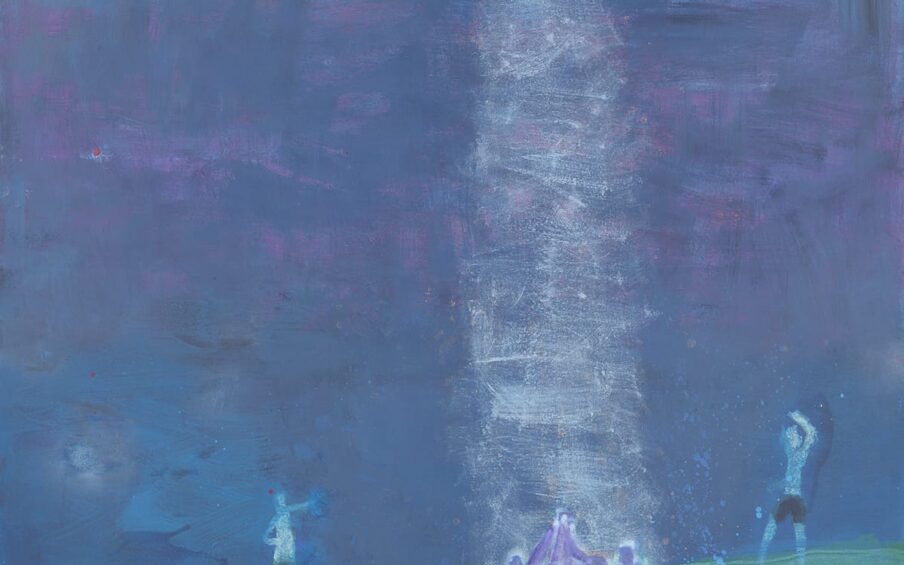 A small grouping of abstract figures wearing swimsuits stand beneath a small, blue celestial body connected by iridescent light amidst atmospheric color planes of blues, greens, and purples.