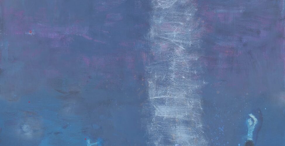 A small grouping of abstract figures wearing swimsuits stand beneath a small, blue celestial body connected by iridescent light amidst atmospheric color planes of blues, greens, and purples.