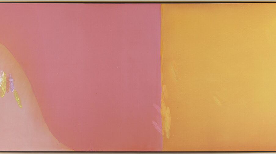 Image Description: Larry Poons. “Open Country”. 1968. Acrylic on canvas. 84” x 204”. Large colorful painting with a thin wood frame. The background on the left two thirds is a muted rose color and the right third is a yellow orange color. A straight line separates the two colors with a few diagonal brush strokes on the pink that create a lighter ink color and a series of overlapping vertical brushstrokes on the edge of the yellow. There are two additional light yellow strokes above and out to the right. There is also an area of lighter yellow blended into the upper right corner. The bottom left of the painting is a lighter pink color with an organic line in the shape of a steeply sloping hill. Just below the slope is a series of six brush strokes—pink, white, yellow, red, purple, yellow.