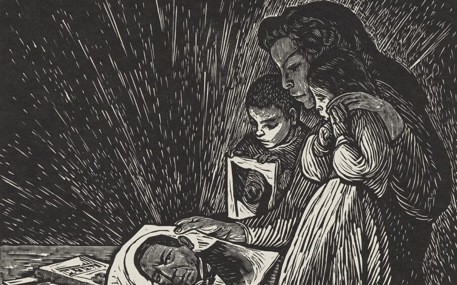 Black-and-white linocut print of three figures standing over a table viewing a picture of Mexican President Benito Juárez that emanates rays of light filling the space around them. The three figures are positioned on the right side taking up roughly half of the print and are facing to the left. Heads bowed, a young boy holds a picture of a flag, a woman holds the picture of the President, and in the foreground, a young girl wears a long pale dress and holds the woman’s hand resting on her shoulder. Light appearing to come from the President’s picture highlights the children’s faces. Rays of light represented by white lines radiate outward and fill the remaining half of the print. Use of thick and thin lines, spaced densely or far apart, creates light and shadow and a sense-heavy texture.