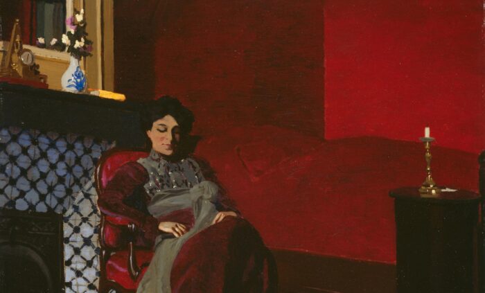 Painting of a woman in a red and grey dress sitting in a red chair in a red living room, looking down at a baby in a pink dress