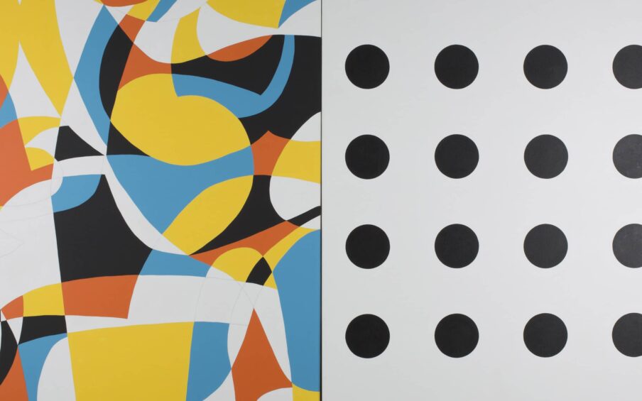 Abstract painting with bright shapes on the left and black dots on a white background on the right.