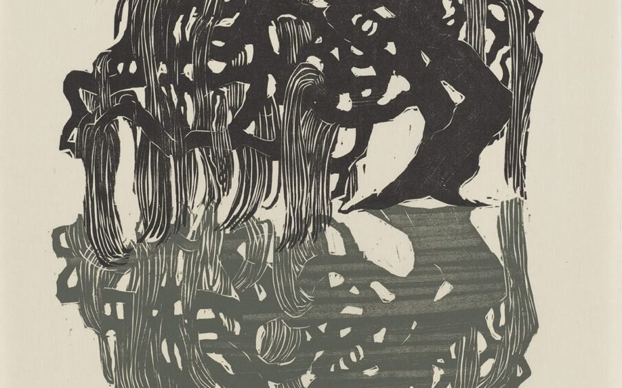 A lone weeping willow tree and its reflection; decaying tree stump against a black background; tree blowing to the left against a gold background; white flowers and an open book on a green table and two chairs; portrait of a bearded man with only his head and large, folded hands visible; red twisted hands raised up to pick blue beans.