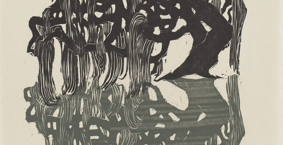 A lone weeping willow tree and its reflection; decaying tree stump against a black background; tree blowing to the left against a gold background; white flowers and an open book on a green table and two chairs; portrait of a bearded man with only his head and large, folded hands visible; red twisted hands raised up to pick blue beans.