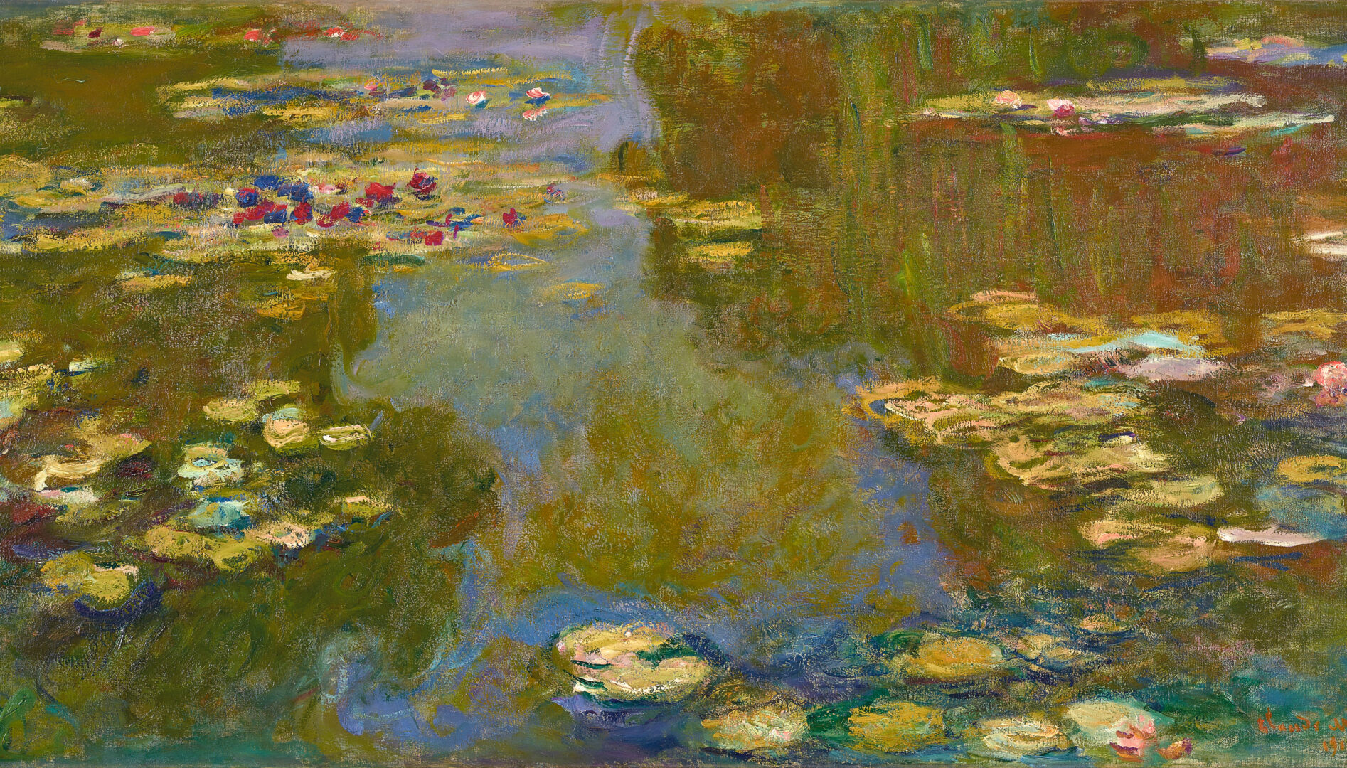 Impressionistic painting of a pond with flowers in it.