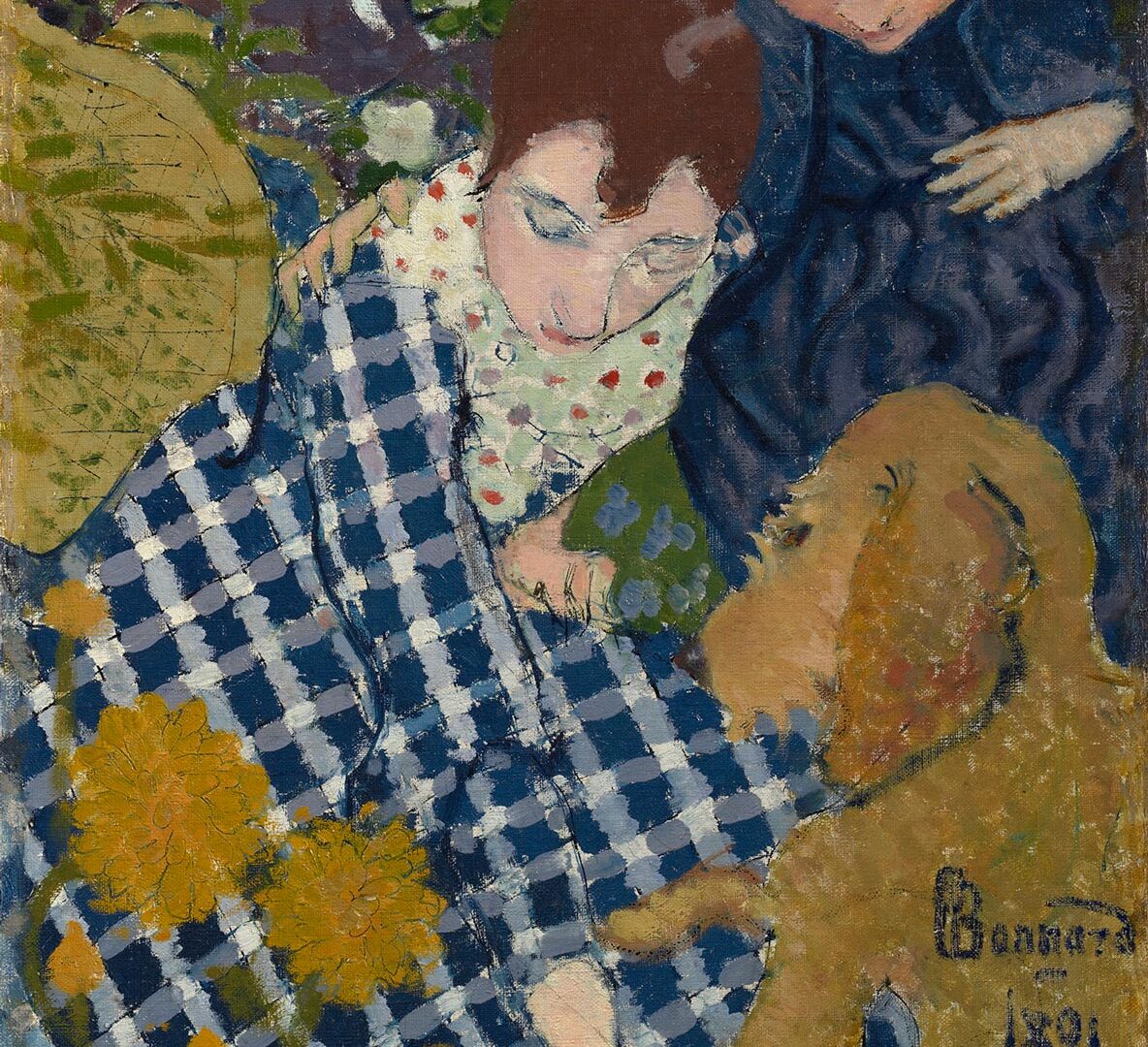 Painting of a woman with red hair and a blue and white checkered dress bending over a golden retriever dog.