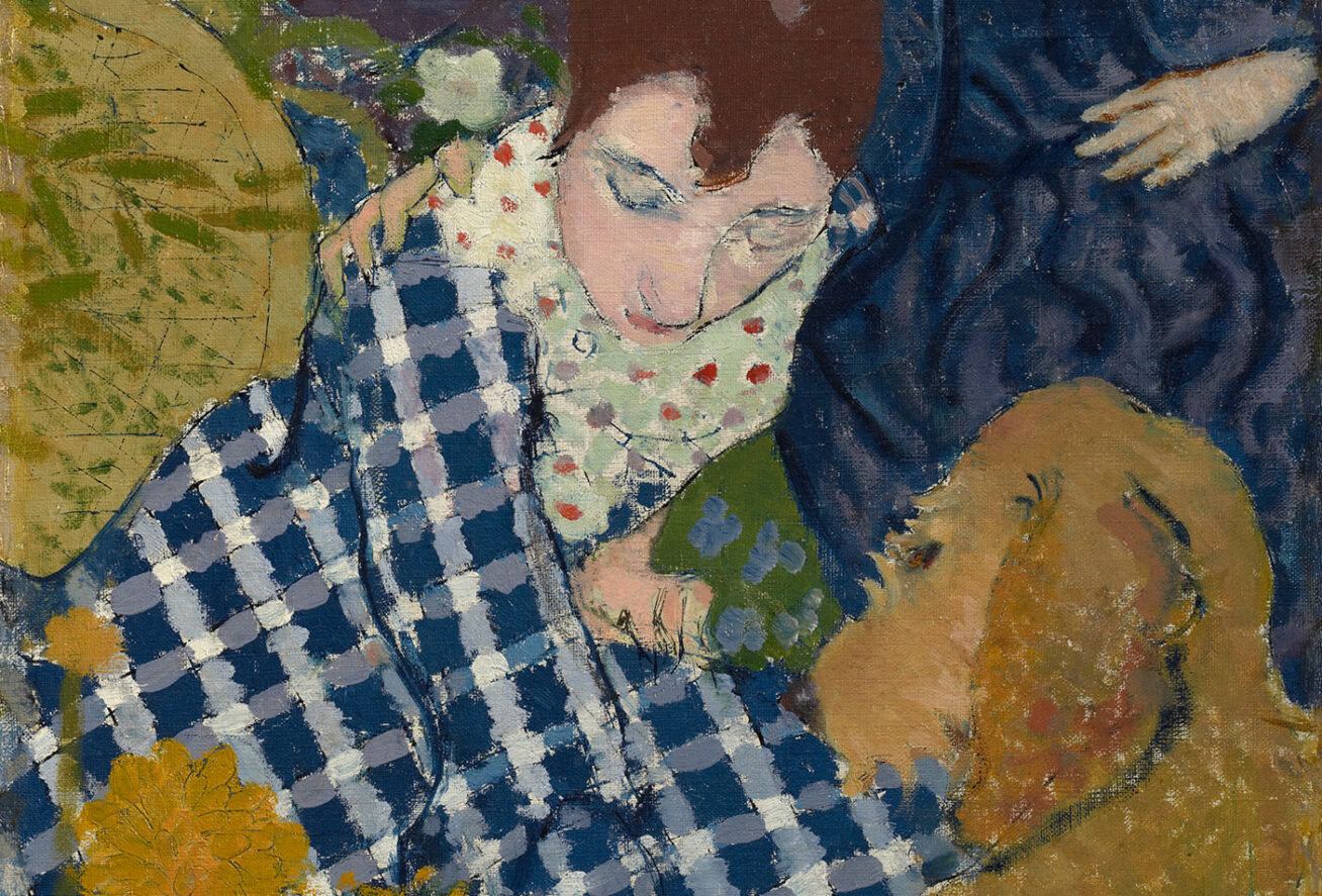 Painting of a woman with red hair and a blue and white checkered dress bending over a golden retriever dog