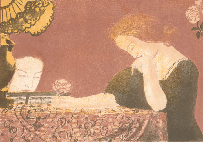 Print of a woman sitting at a table with her head tilted downwards. A man is sitting to her right looking at sheet music.