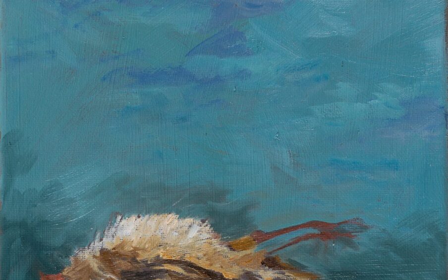 A small square oil painting of a small belly-up wheat-golden bird. The painting is gestural in style. The bird is viewed from the side and lying on its back, in the horizontal center of the painting. It has a small orange beak, a tiny round black eye, and a soft, mounded lighter color belly or breast area, slightly darker wings near the ground, and two very thin orange bird legs that jut into the air. The bird is found in the bottom third of the small painting in a field of cool colors. The bottom of the background is a darker teal color, surrounding the bird and lightens in value in the upper two-thirds of the painting. There are shades of purple and white and darker and lighter teal throughout. It’s very soft and wispy. Brush marks are highly visible throughout the painting and there is a glow or a sheen over the entire piece due to the use of oil paints.