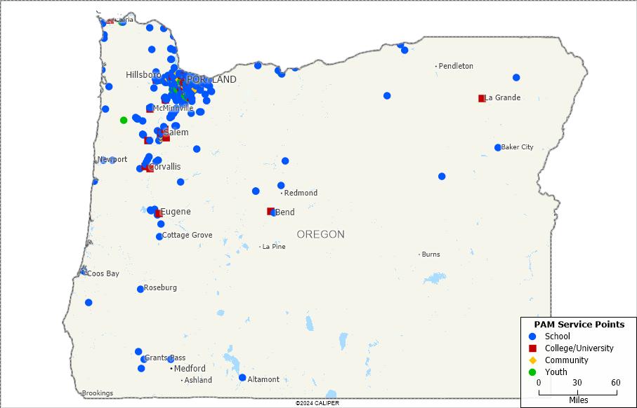 Map of schools, colleges, universities, community organizations, and youth organizations that visited the Portland Art Museum, 2019–2024.