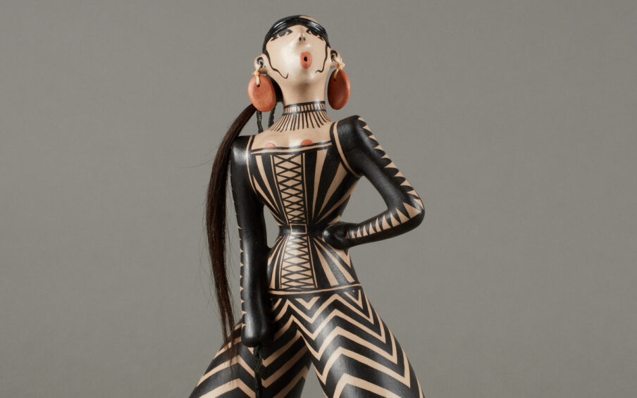 Virgil Ortiz (American and Cochiti, born 1969), Clay Figure, from Tourniquet Series, 2009, white clay slip, red clay slip, and black (wild spinach) paint on Cochiti red clay, 15 in x 10 in x 3 1/2 in, Museum Purchase: Funds provided by Elizabeth Cole Butler Auction Proceeds, © Virgil Ortiz, 2015.49.1