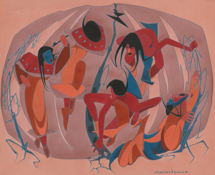 Abstract painting of five native dancers