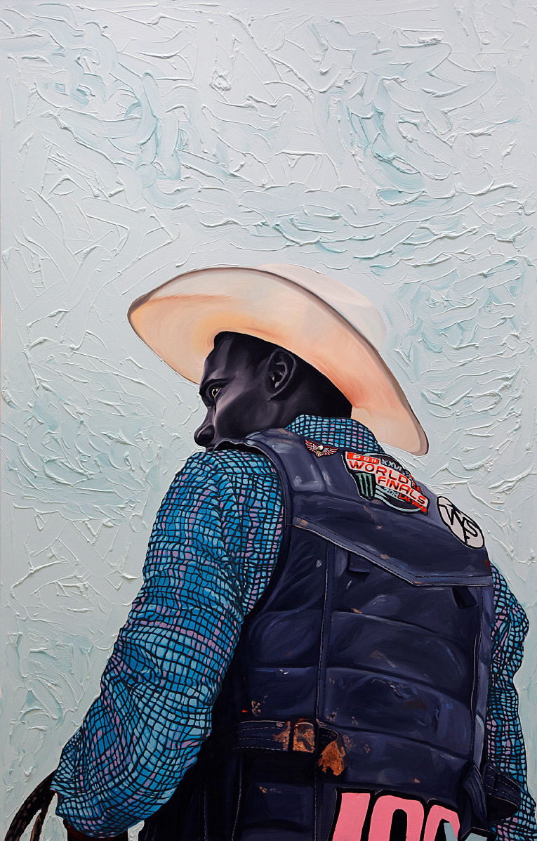 Painting of a Black cowboy facing away from the viewer with his face half turned towards the front.