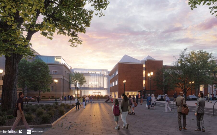 Architectural rendering of the new Rothko Pavilion at dusk as seen from the east side of 10th Avenue.