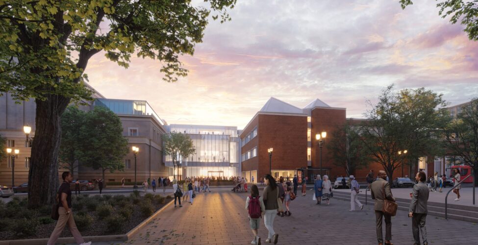 Architectural rendering of the new Rothko Pavilion at dusk as seen from the east side of 10th Avenue.