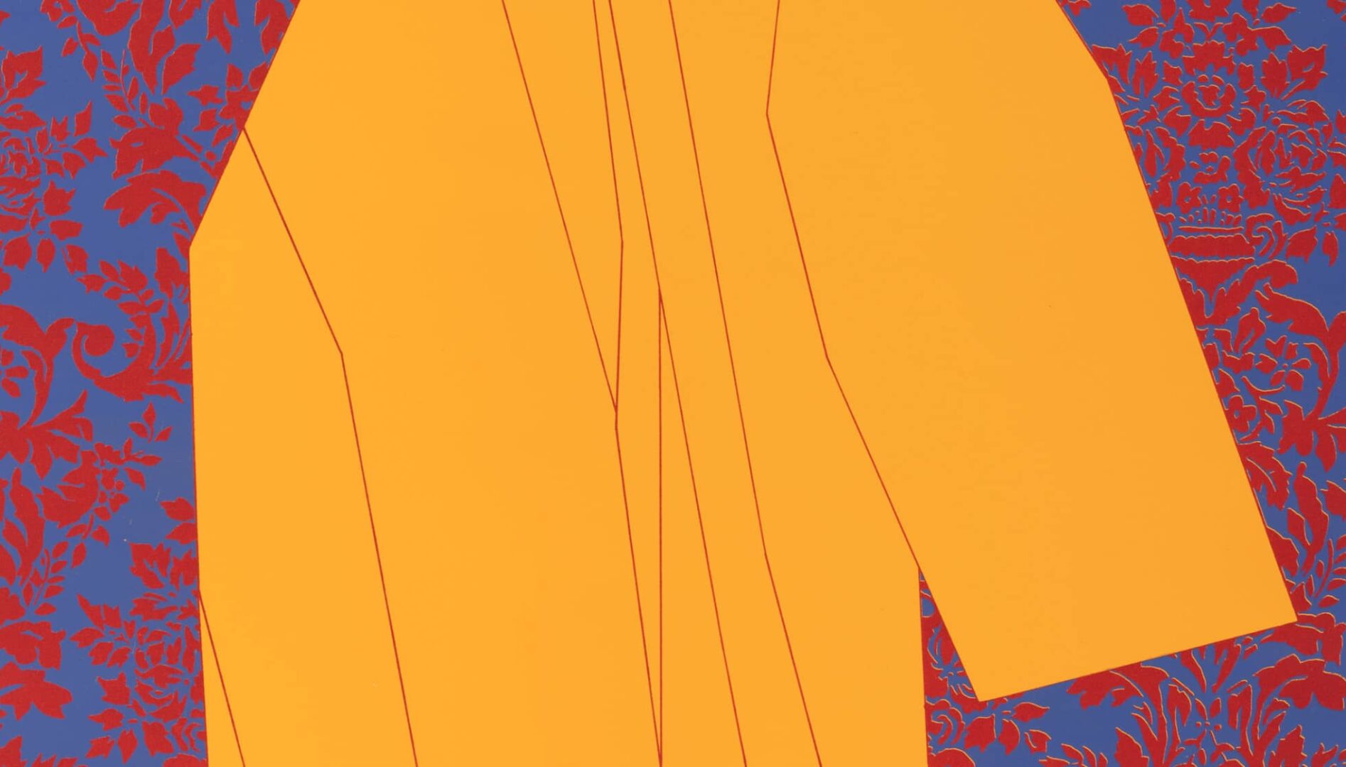 Print of a yellow raincoat on a background of purple and blue.