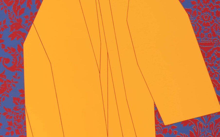 Print of a yellow raincoat on a background of purple and blue.