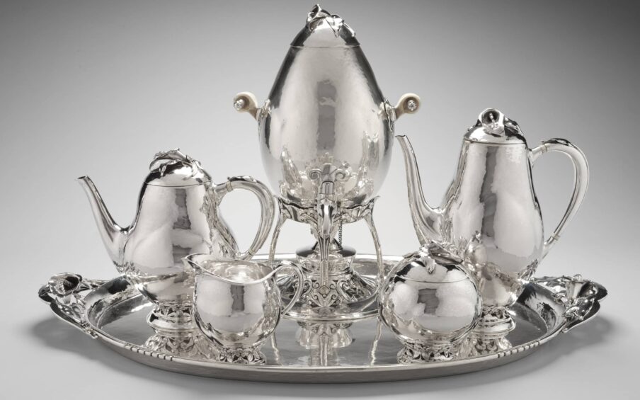 A silver coffee and tea set.