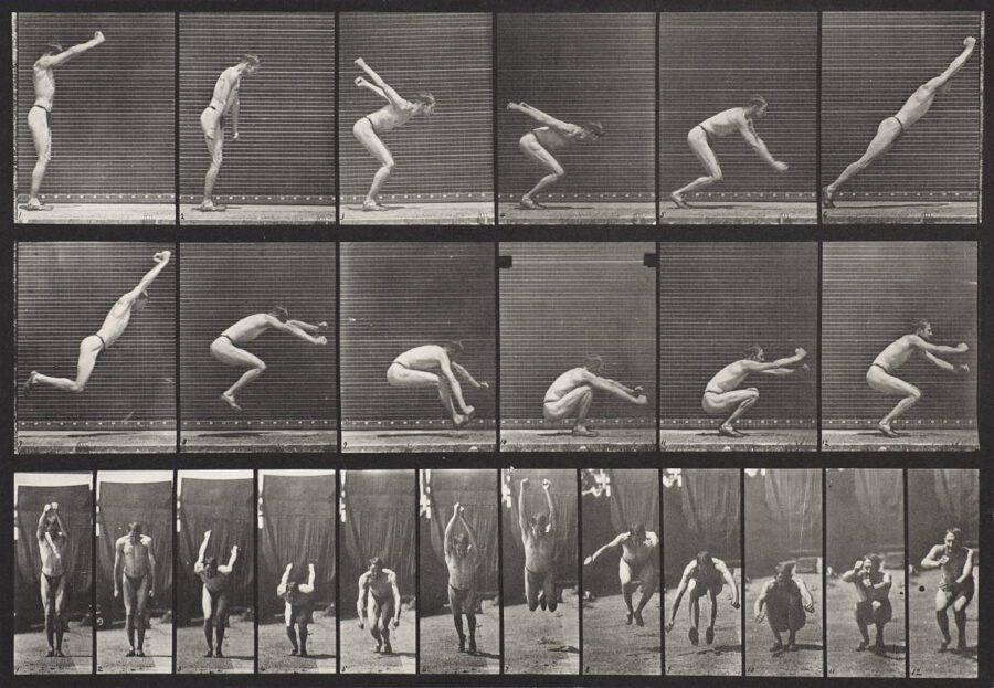 Eadweard Muybridge (British, 1830-1904), Jumping; Standing Broad Jump (Shoes), Plate 163 from the book Animal Locomotion: An Electro-Photographic Investigation of Consecutive Phases of Animal Movements, 1887, collotype, plate: 9 1/4 in x 12 5/8 in; sheet: 18 11/16 in x 23 5/8 in, Museum Purchase: Funds provided by the Photography Council, 2011.1.2