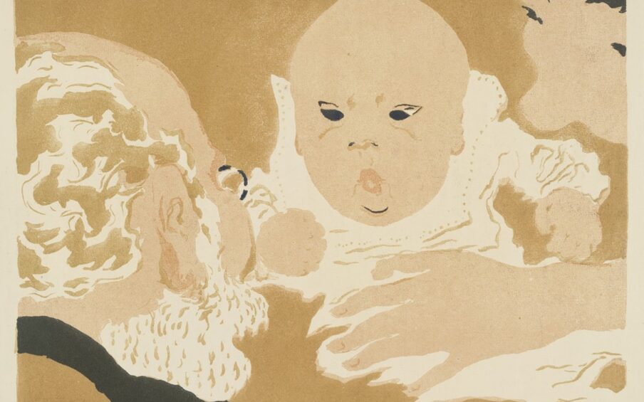 Image description: Family Scene. Pierre Bonnard. 1892. Color lithograph on paper. Image: 21.7 x 26. 7cm; Sheet: 27.9 x 39.6 cm. This lithograph features a tightly cropped view of three members of the artist’s family: his father, his sister, and between the two, the infant grandson. Against a flat tan background, the older man on the left appears in partial profile with just one ear and part of one eyeglass lens visible. His curling white and beige hair, which grows at the side of his bald head, trails out of the frame. His thick white beard adds texture to the print, in contrast to the flat black and tan clothing that is barely visible in the lower left-hand corner. The baby is the main focus of the piece. His round, hairless head has upward slanting almond-shaped eyes, a pug nose, and a mouth opened in a small “O.” Both chubby hands are curled in fists and his white swaddling gown encircles his head from the level of the eyes and continues flowing downward and off to the right side. The baby’s mother grips him with her left hand. Only her outstretched arm and part of her head are shown along the right side of the piece with the rest of her body disappearing out of the frame. Her head, filling the upper right corner of the print, shows both eyes, her nose, and a lock of hair rendered in heavy black paint.