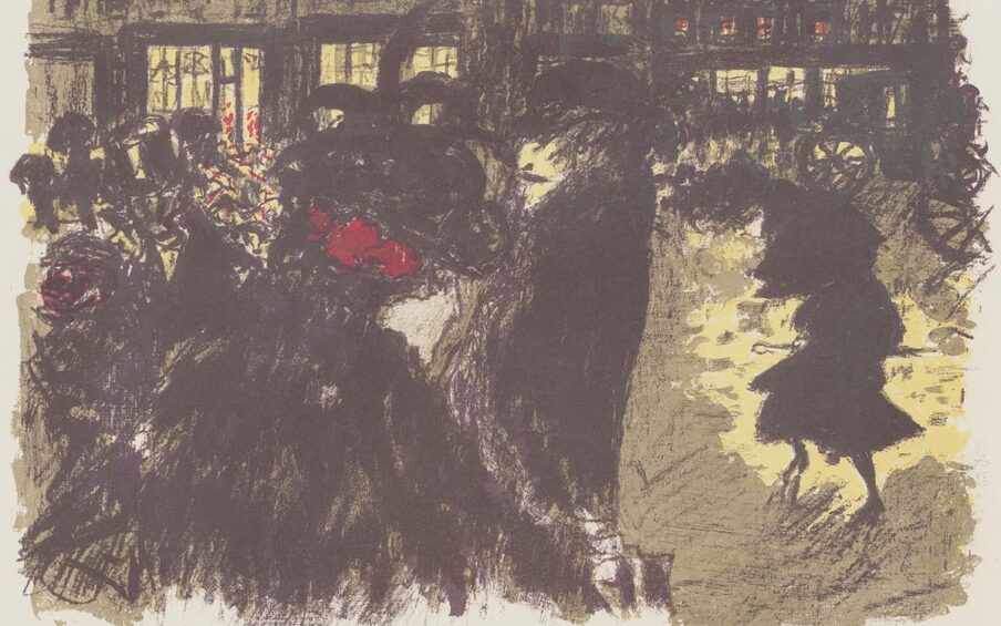 Image description: Pierre Bonnard, The Square at Evening, 1899, Color lithograph on cream paper, 16 x 20 ⅞ in. A large group of people walk through the square alongside stage coaches in front of large buildings with bright light shining from the windows. Heavy, layered strokes make up the images with details that are difficult to differentiate. A light-skinned woman wearing a black cape, large black hat with feathers protruding from the top, and red bows in her hair faces away from the viewer and takes up a two-thirds of the bottom of the lithograph. To the right a tall, thin, light-skinned man with a mustache and black coat and hat walks towards the left side of the lithograph. Behind him a shorter, thin woman with light skin looks downward and carefully steps forward while wearing a long black dress and a black hat. Yellow light reflects in the puddles around her. Behind her to the right two stage coaches drive off the paper. A large group of figures that cannot be distinguished mill about in front of the lighted windows of the large buildings. Four windows on the second floor are illuminated with reddish orange lights.