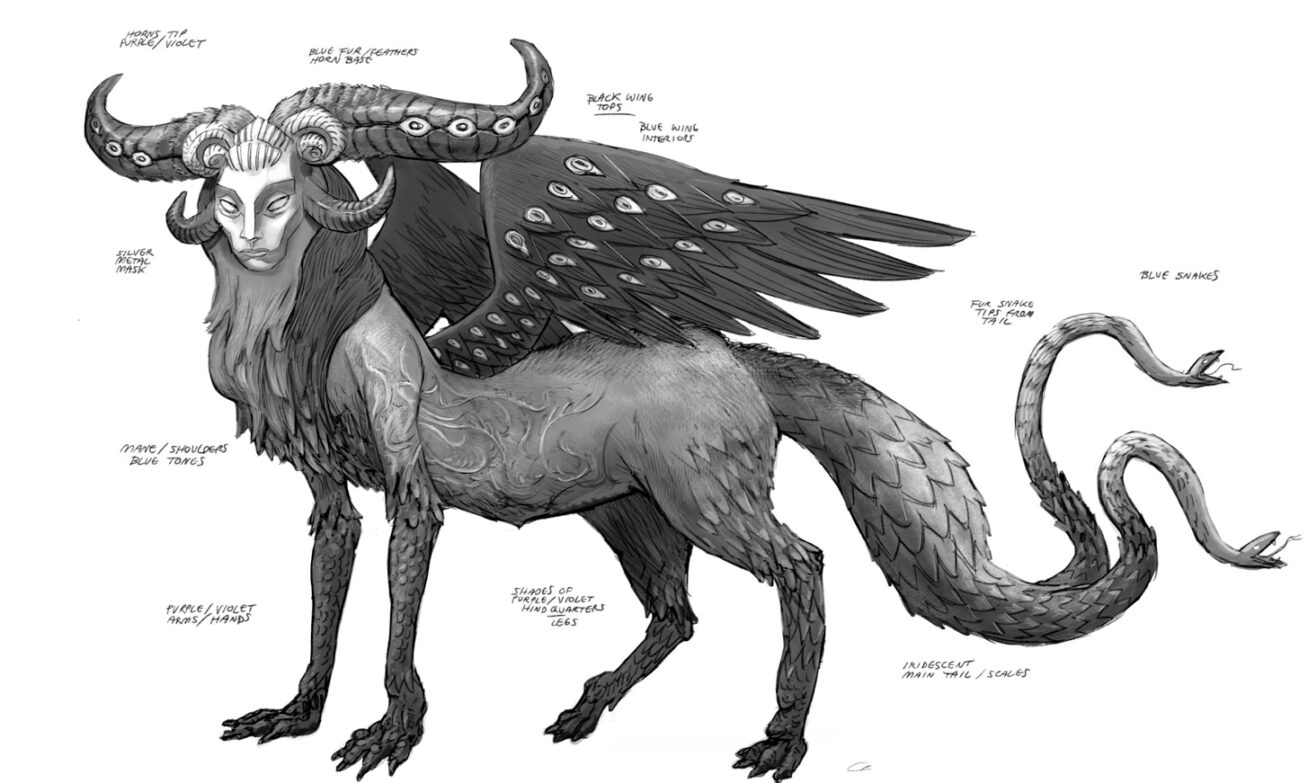 Black and white illustration of Death creature from the movie Guillermo del Toro's Pinocchio