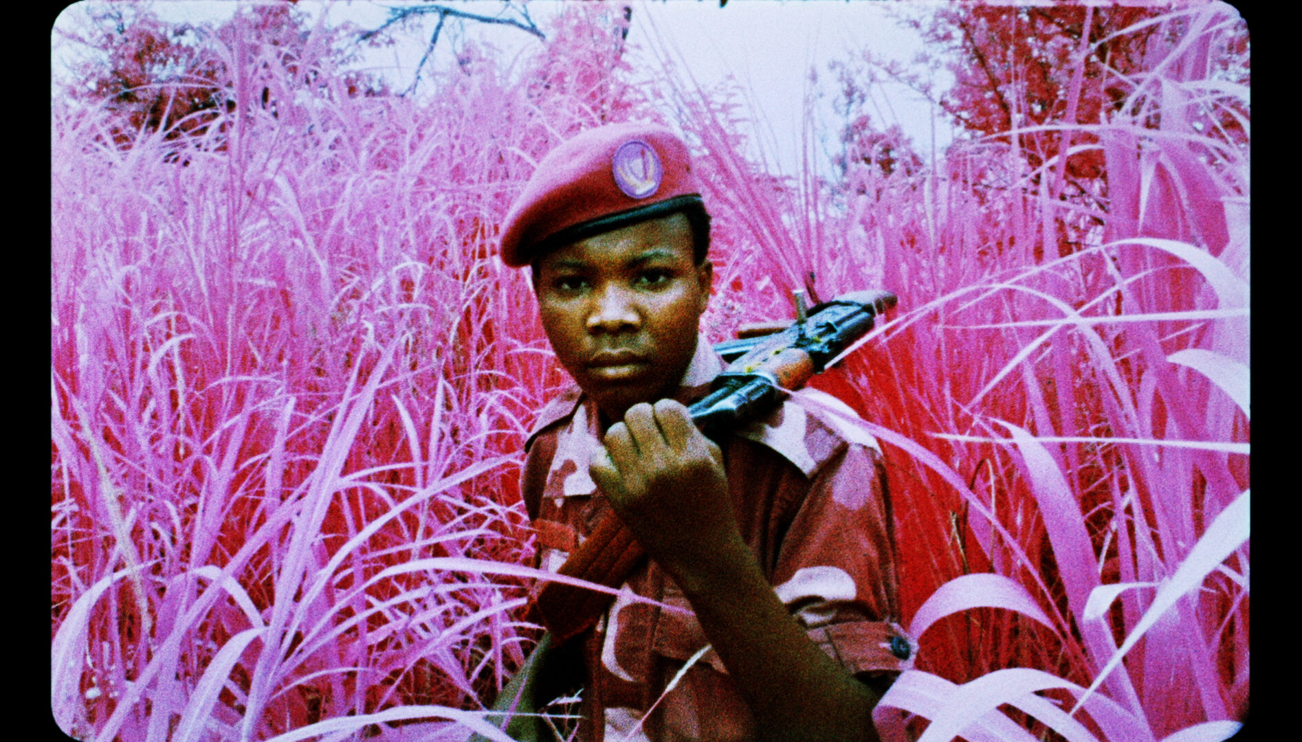 FIlm still of a Black soldier in a field of pink grass