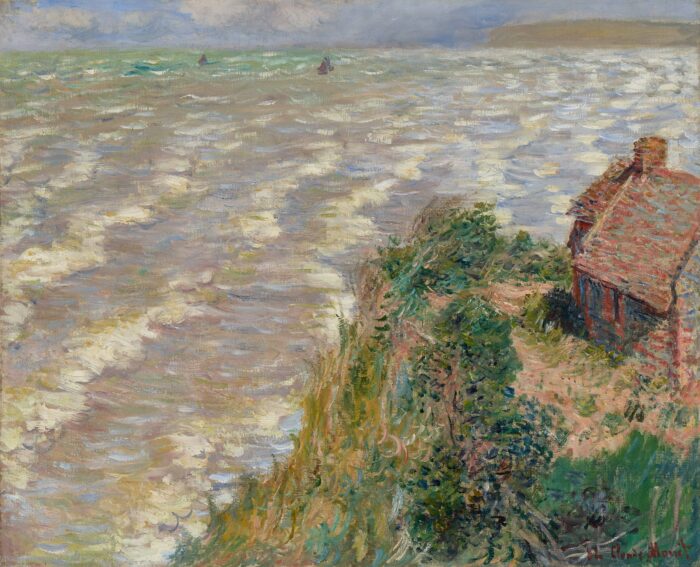 Painting in the impressionist style with a house in front of a body of water.