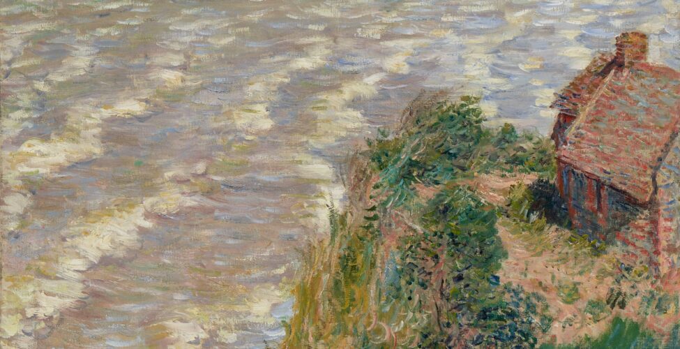 Painting in the impressionist style with a house in front of a body of water.