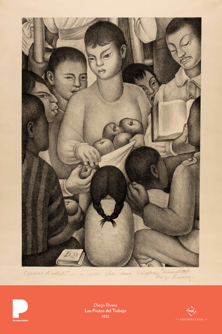 Diego Rivera (Mexican, 1886–1957)
Los Frutos del Trabajo (The Fruits of Labor), 1932
Lithograph on cream wove paper
Image: 16 7/16 x 11 13/16 inches
Sheet: 22 1/2 x 15 15/16 inches
Gift of Lucienne Bloch and Stephen Dimitroff
83.53.8
© 2016 Banco de México Diego Rivera Frida Kahlo Museums Trust, Mexico, D.F. / Artists Rights Society (ARS), New York