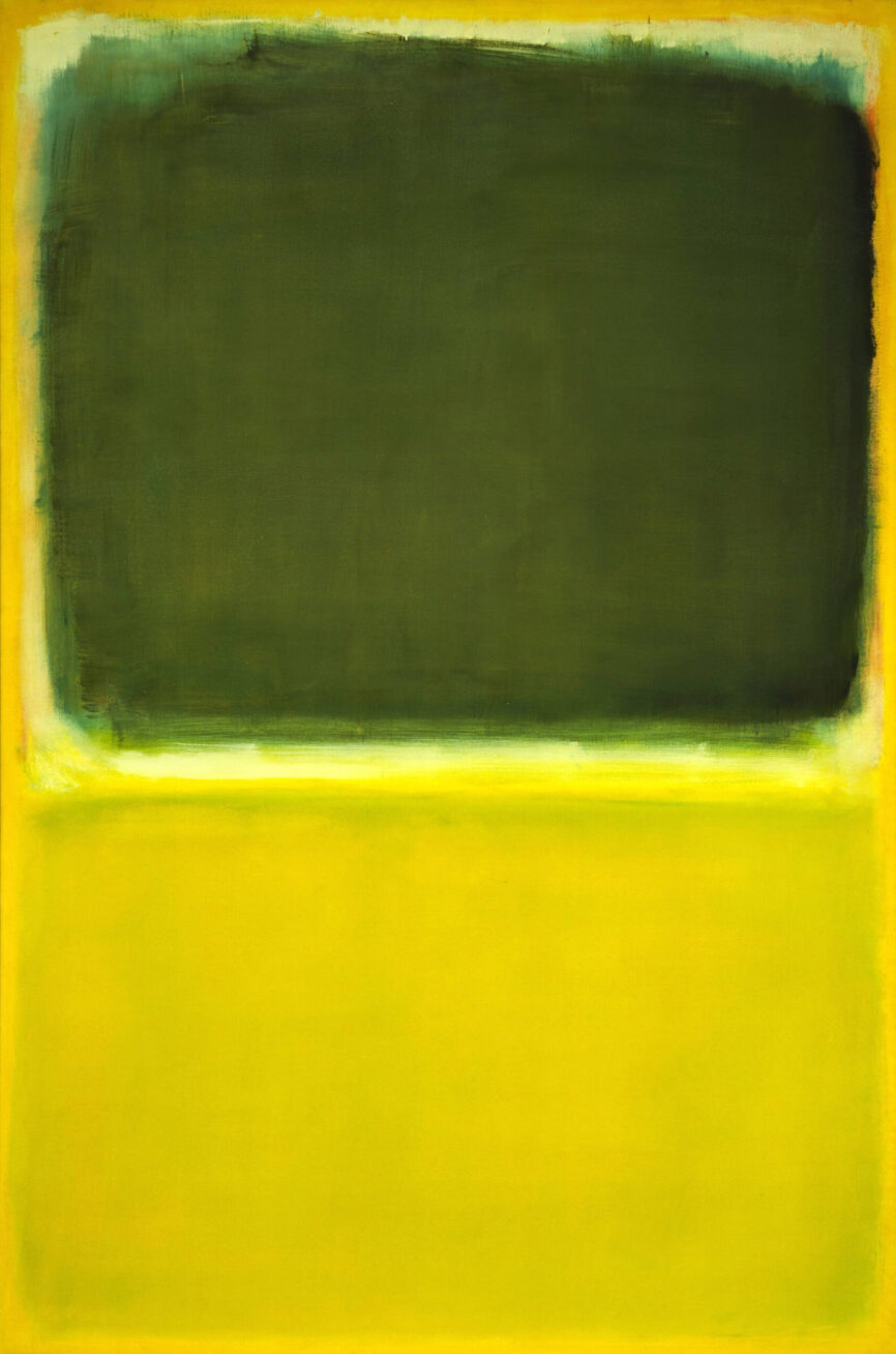 Abstract painting with shades of green and yellow.