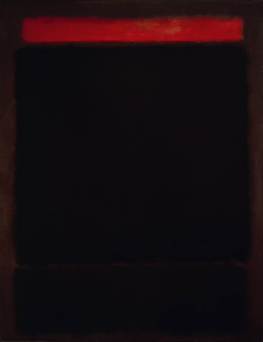 Abstract painting with dark shades of brown and a strip of bright red at the top.