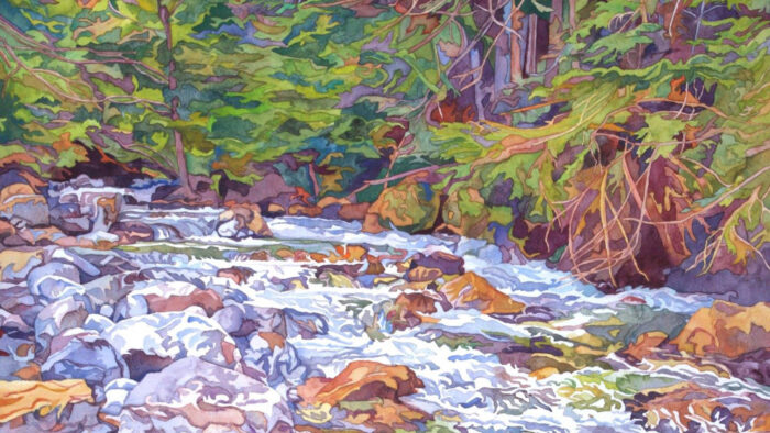 Painting of a river and rocks surrounded by trees