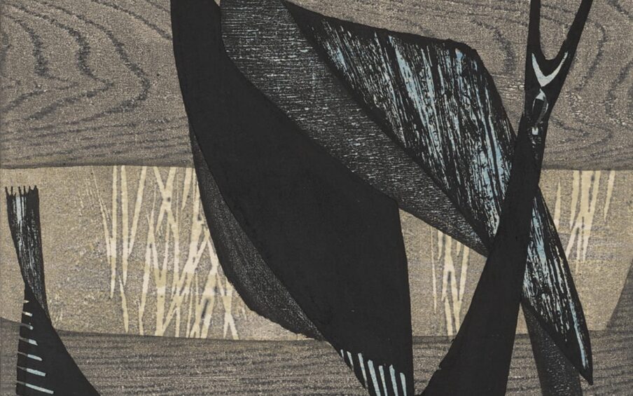 Tori B (Birds B), from James A. Michener, The Modern Japanese Print: An Appreciation, Shima Tamami, 15 1/16 x 10 9/16 inches, color woodblock print with embossing on torinoko paper. A vertical, rectangular print depicting three simple, stylized birds with long necks. A bird in the foreground is positioned so that its body, neck and head create a “J” shape that occupies much of the print. The upturned tail aligns with the left edge of the print, its body swoops down to touch the bottom edge and the neck and head with open beak rise up to the upper portion of the print at the right edge. This bird’s body is mostly a solid black with a gray and black-striped tail. Its eye and open beak are highlighted in white. Behind this bird are two more, both with the elongated necks and beaks of the first. They stand with bodies in the center of the print and heads and beaks at the top. The bird on the left is shown in profile with its beak facing left. It has a black body and a small striped tail. The bird at right overlaps its companion with its open beak and head facing right. Its body and wings are depicted in contrasting textures in black and very pale blue. All three birds overlap a background that is divided into three parts. The upper half and a wide strip of the lower part of the print have a medium gray wood grain texture. The section in the middle is a lighter gray with vertical, reed-like markings.