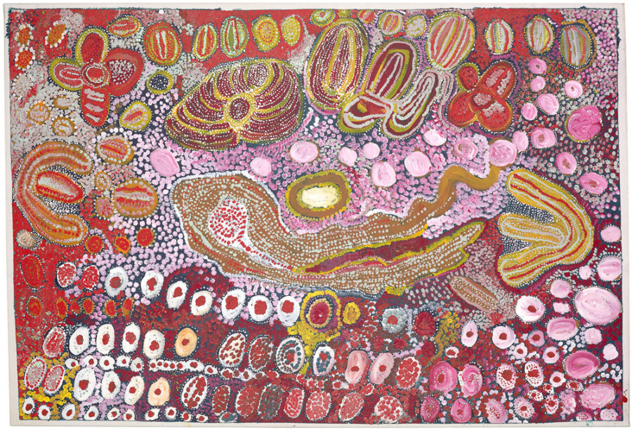 Abstract Aboriginal painting with pink, red, orange, yellow, and brown dots and lines